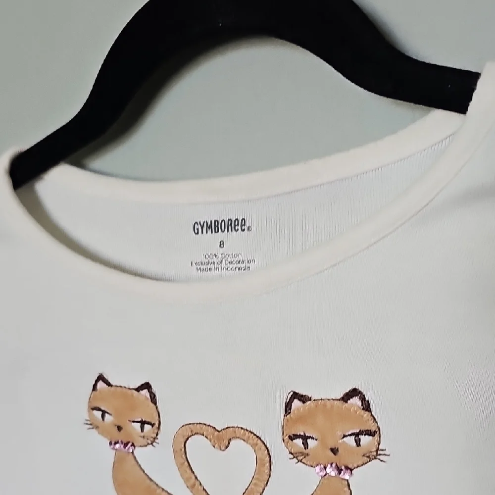 Gymboree White Long Sleeve Tee with Siamese Cat Heart Fuzzy Graphic Size 8
